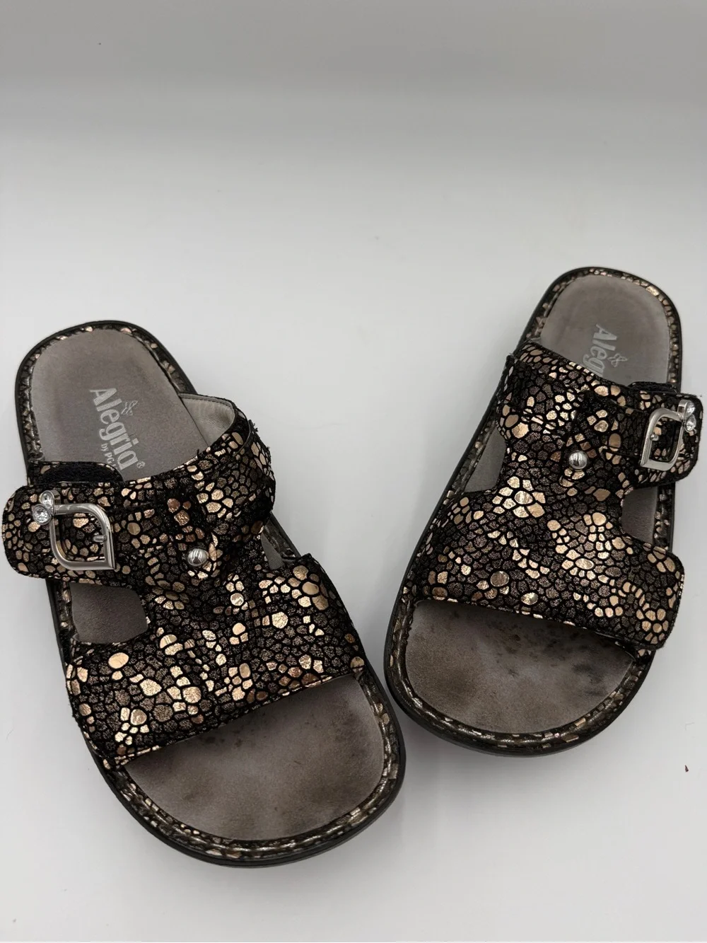 Alegria Sandals Peggy Pewter Mosaic Leather Slides Metallic Size 39/US 8.5-9